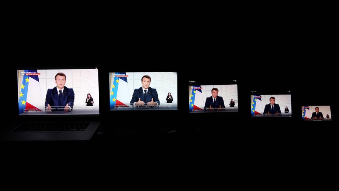 Übertragung der Rede des französischen Präsidenten Emmanuel Macron an die Nation, 31. März 2021 (IMAGO / Xinhua)
