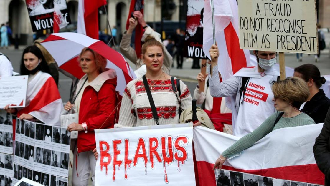 Belarussische Demonstrierende demonstrieren in London gegen das Regime in ihrem Land, 8.8.2021 (IMAGO / ZUMA Wire) Belarussische Demonstrierende demonstrieren in London gegen das Regime in ihrem Land, 8.8.2021 (IMAGO / ZUMA Wire)