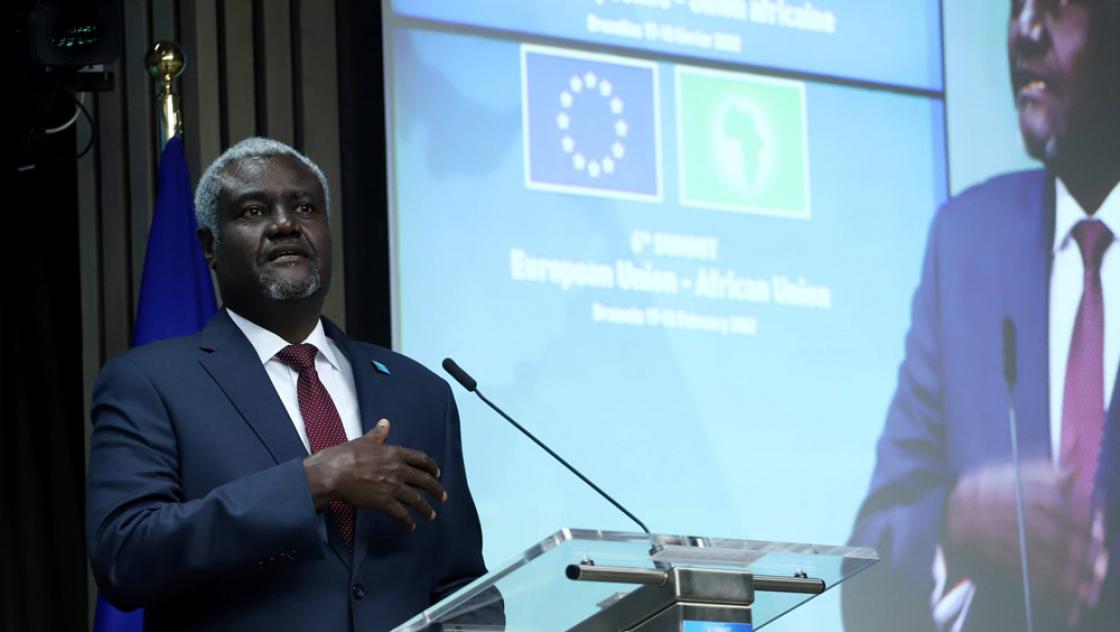 Mahamat Moussa Faki, der Vorsitzende der Kommission der Afrikanischen Union, während des Gipfeltreffens zwischen der EU und der Afrikanischen Union in Brüssel/Belgien, 18.2.2022 (IMAGO / ZUMA Wire)