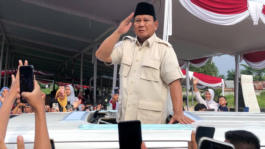 Prabowo Subianto, Ex-General und Präsidentschaftskandidat, in Palembang, Süd-Sumatra, Indonesien, 9.1.2024 (IMAGO / ZUMA Wire / Muhammad Shahab) Prabowo Subianto, Ex-General und Präsidentschaftskandidat, in Palembang, Süd-Sumatra, Indonesien, 9.1.2024 (IMAGO / ZUMA Wire / Muhammad Shahab)