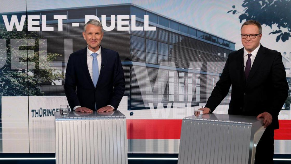 TV-Duell viereinhalb Monate vor der Landtagswahl in Thüringen: AfD-Landeschef Björn Höcke und CDU-Landeschef Mario Voigt im Berliner TV-Studio, 11.4.2024 (IMAGO / dts Nachrichtenagentur) TV-Duell viereinhalb Monate vor der Landtagswahl in Thüringen: AfD-Landeschef Björn Höcke und CDU-Landeschef Mario Voigt im Berliner TV-Studio, 11.4.2024 (IMAGO / dts Nachrichtenagentur)
