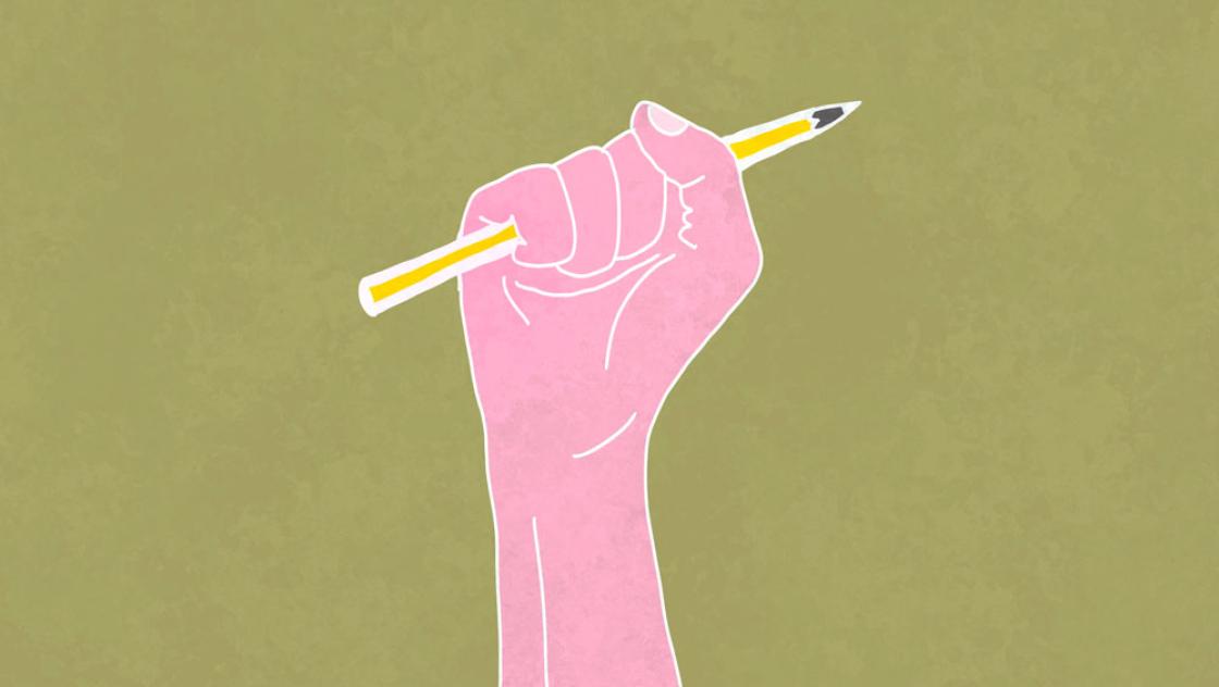 Symbolbild: Eine Faust reckt einen Stift in die Luft (IMAGO / Addictive Stock / Hodei Unzueta)
