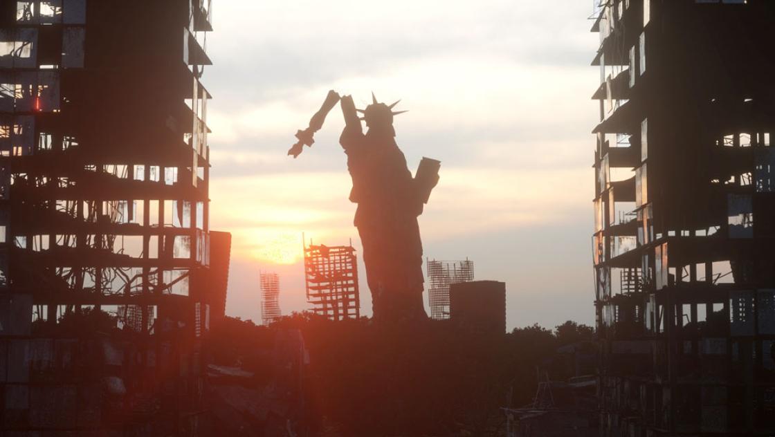 Animation: Eine kaputte Freiheitsstatue mitten in einem Trümmerfeld. (IMAGO / Dreamstime) Animation: Eine kaputte Freiheitsstatue mitten in einem Trümmerfeld. (IMAGO / Dreamstime)