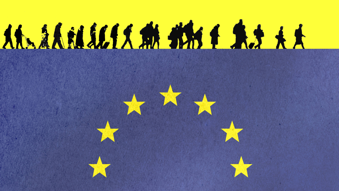 IMAGO / Westend61 Man sieht Silhouetten verschiedener Menschen. darunter die EU-Fahne. Credit: IMAGO / Westend61