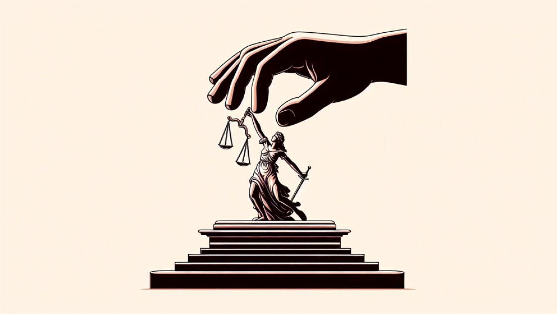 Symbolbild: Eine Hand bringt Justizia aus dem Gleichgewicht (KI-generierte Grafik)