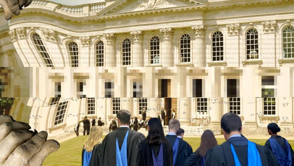 The Two Cultures by Zoya Yasmine. Man sieht Studierende, die auf eine Uni zulaufen, die in der Mitte stark verpixelt ist und die von zwei Händen auseinandergezogen wird. 