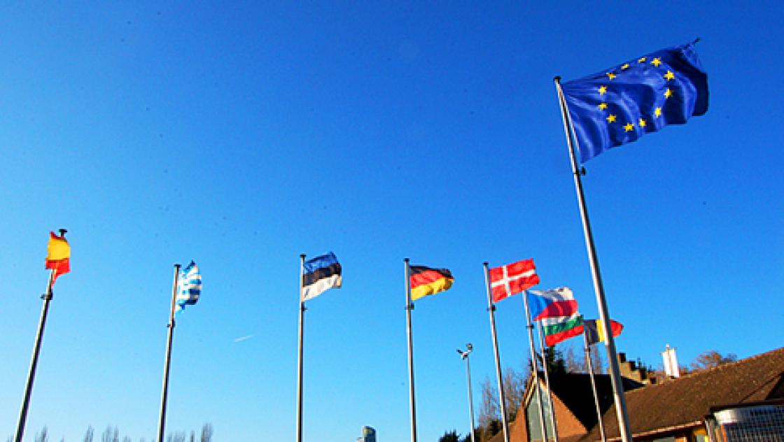 Das Bild zeigt die Flaggen europäischer Länder an verschiedenen Mästen vor einem blauen Himmel