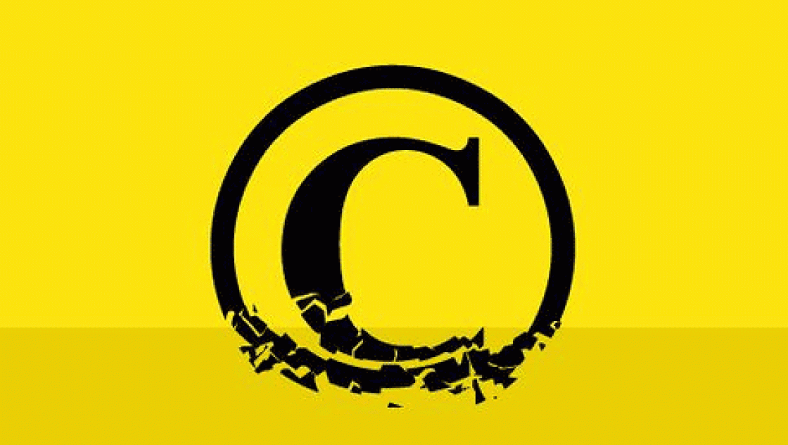 Das Bild zeigt ein schwarzes Copyright-Zeichen auf gelben Grund, welches sich auflöst