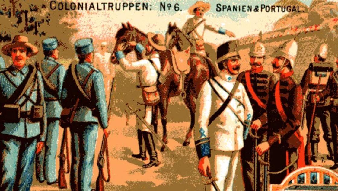 Zeitgenössische Darstellung deutscher Kolonialtruppen