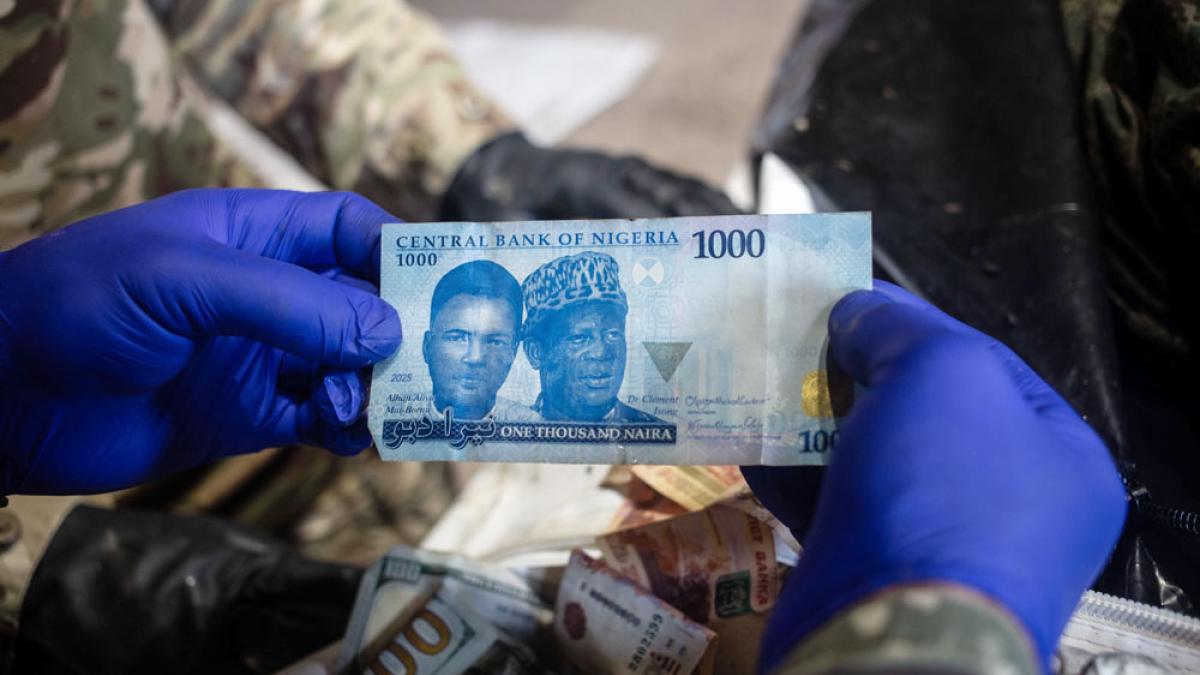 Ein Freiwilliger der Organisation »Platsdarm« zeigt eine nigerianische Banknote, die ein toter afrikanischer Soldat bei sich trug, der an der Front in der Region Donezk in der Ukraine für Russland gekämpft hatte, 28.6.2026 (IMAGO / Anadolu Agency / Francisco Richart)