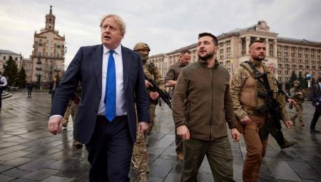 Boris Johnson und Wolodymyr Selenskyj in Kiew, 9.4.2022 (IMAGO / ZUMA Press)