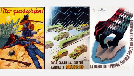 Poster aus der Zeit des Spanischen Bürgerkriegs, 1936-1939. v.l.n.r.: (IMAGO / United Archives International), (IMAGO / Photo12), (IMAGO / UIG), Collage: Blätter für deutsche und internationale Politik, 23.5.2023