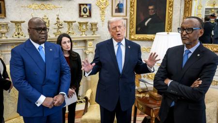 Donald Trump trifft sich mit Felix Tshisekedi (Präsident der Demokratischen Republik Kongo) und Paul Kagame (Präsident Ruandas), 4.12.2025 (IMAGO / Daniel Torok / Avalon)