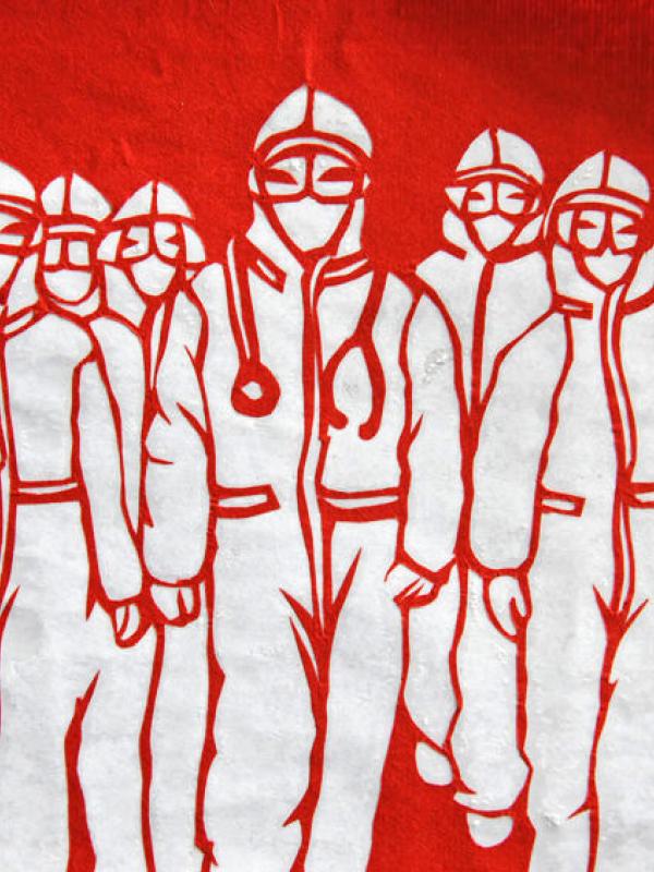 Scherenschnittkunstwerk, das Soldaten zeigt, die gegen die Ausbreitung des Corona-Virus in Wuhan kämpfen.