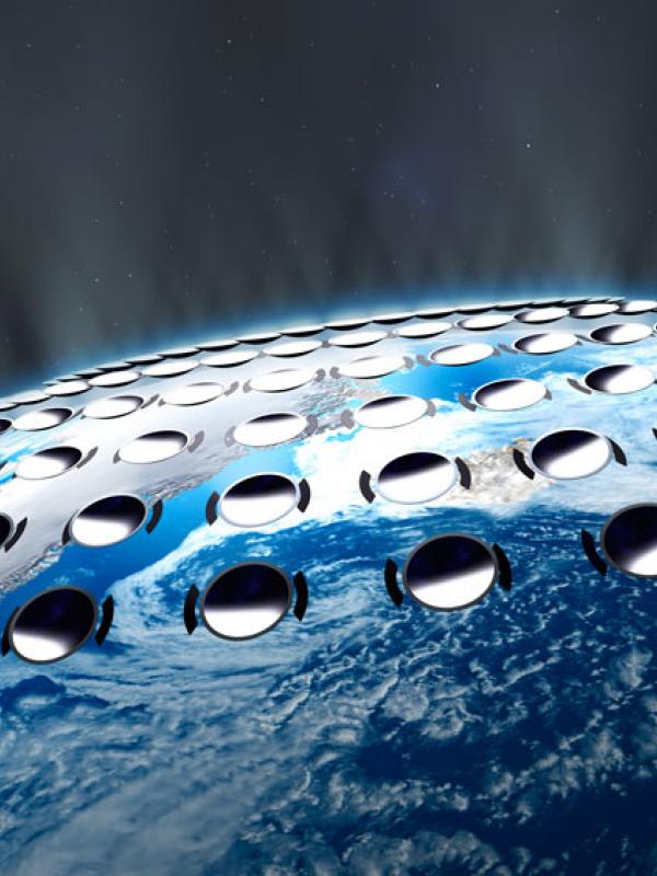 Geoengineering-Modell: Sonnenlichtreflektoren im All reflektieren das Sonnenlicht (visdia / stock.adobe.com)