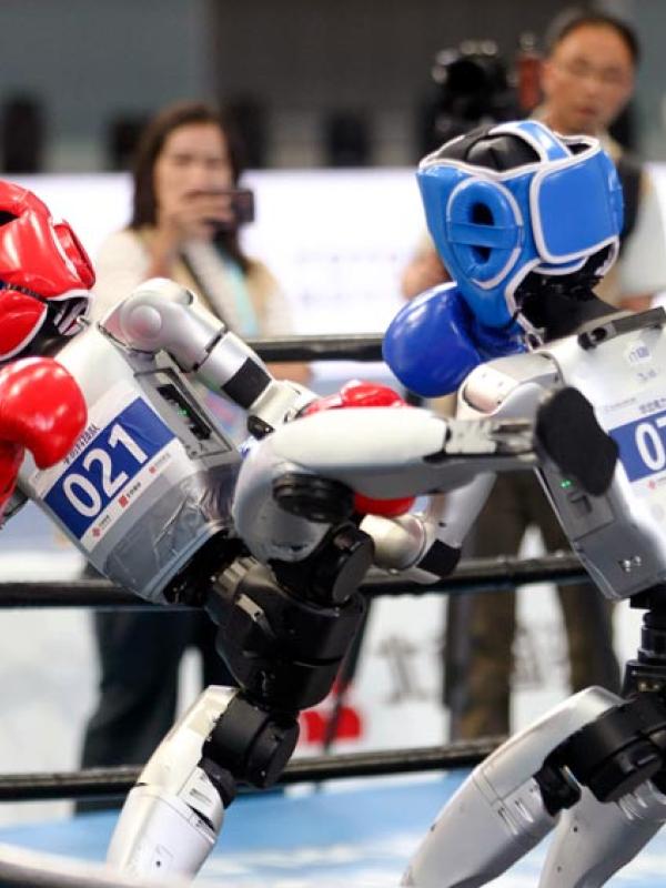 Humanoide Roboter treten im Kickboxen bei der 2. Roboter-WM in China gegeneinander an, 26.8.2026 (IMAGO / VCG)