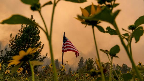 Eine USA-Flagge weht zwischen Blumen, während der Rauch eines Waldbrandes in den Himmel aufsteigt, Markleeville, Kalifornien, 17.7.2021 (IMAGO / ZUMA Wire / Jungho Kim)