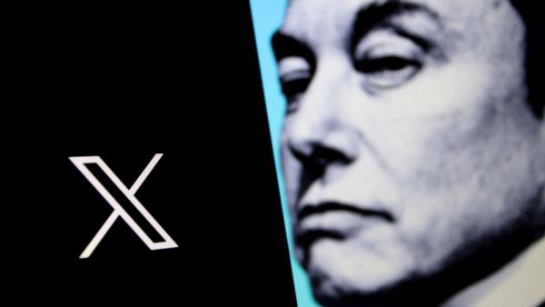 Das neue Logo von »X« und Elon Musks Gesicht, 25.7.2023 (IMAGO / ZUMA Wire / Angga Budhiyanto)