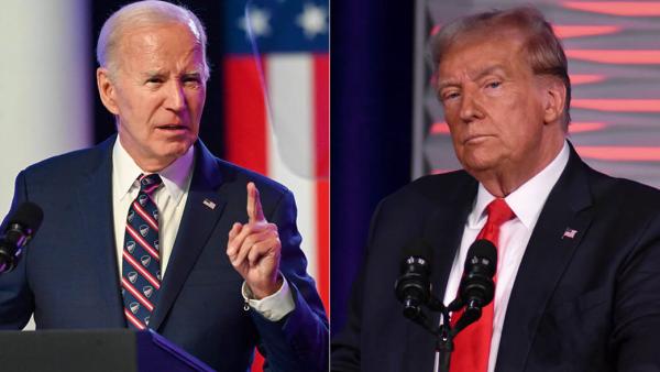 Joe Biden in Blue Bell, Pennsylvania, 5.1.2024 (IMAGO / ZUMA Wire / Ricky Fitchett) und Donald Trump in Kissimmee, Florida, 4.11.2023 (IMAGO / SOPA Images / Kyle Mazza). Montage: Blätter für deutsche und internationale Politik