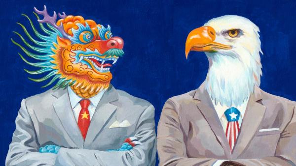 Symbolbild: Geschäftsmänner als chinesischer Drache und amerikanischer Weißkopfseeadler (IMAGO / Ikon Images)