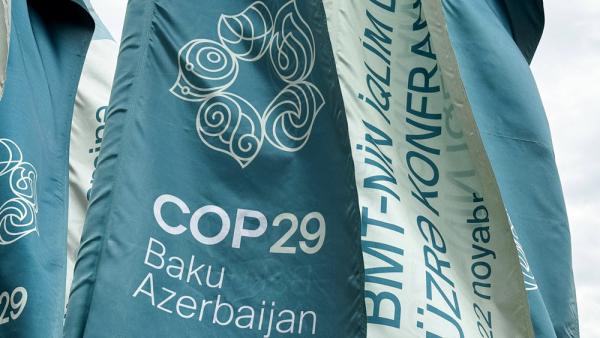 Flaggen der COP 29 in Baku, 17.9.2024 (Jakub Porzycki / IMAGO / NurPhoto)