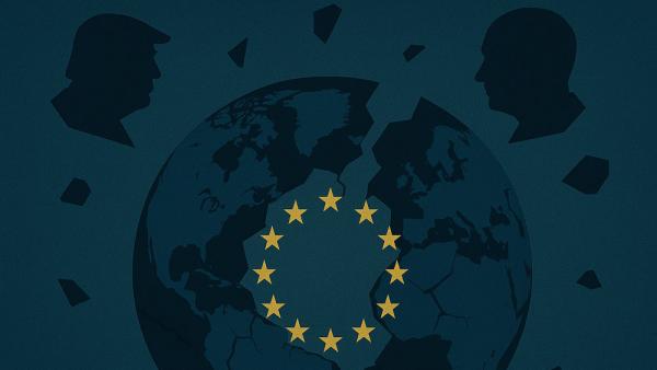 Ein zersplitternder Globus mit EU-Sternen, am Rand die Konterfeis von Donald Trump und Wladimir Putin (erstellt mit KI)