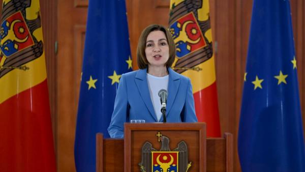 Die moldauische Präsidentin Maia Sandu nach den Parlamentswahlen in Chisinau, 29.9.2025 (IMAGO / Anadolu Agency) 