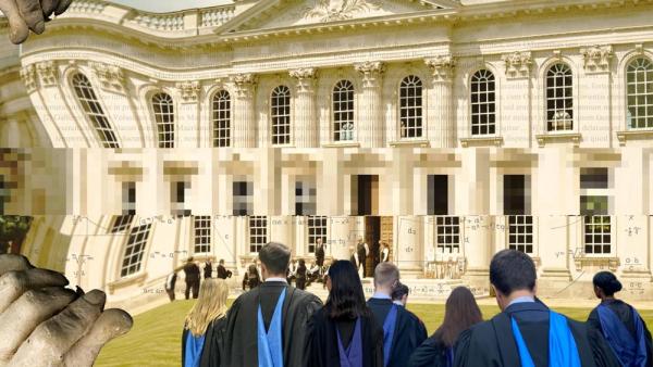 The Two Cultures by Zoya Yasmine. Man sieht Studierende, die auf eine Uni zulaufen, die in der Mitte stark verpixelt ist und die von zwei Händen auseinandergezogen wird. 