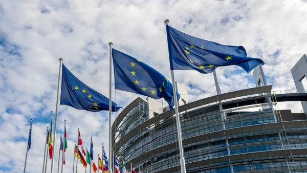 Wehende Flaggen der Europäischen Union vor dem Gebäude des Europäischen Parlaments in Straßburg (IMAGO / Ardan Fuessmann)